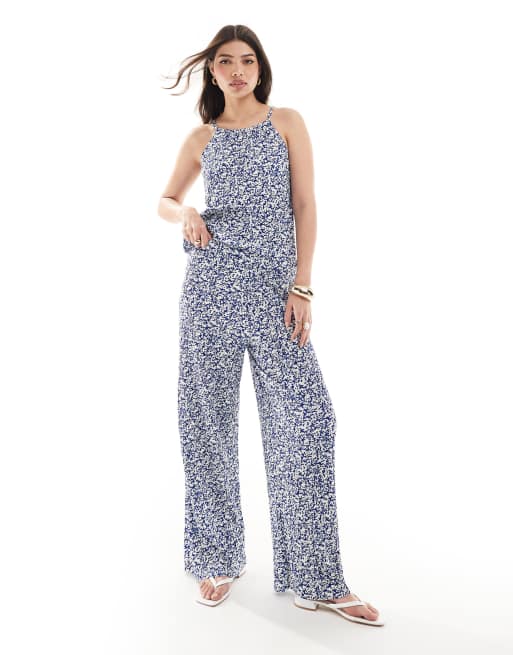 JDY pull on wide leg plisse pants in white & blue abstract print - part of a set