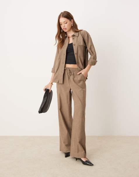 JDY pull on wide leg trouser co-ord in brown herringbone - view 1
