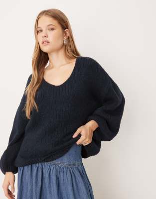 Pull oversize réversible en maille - Bleu marine-Gris XL