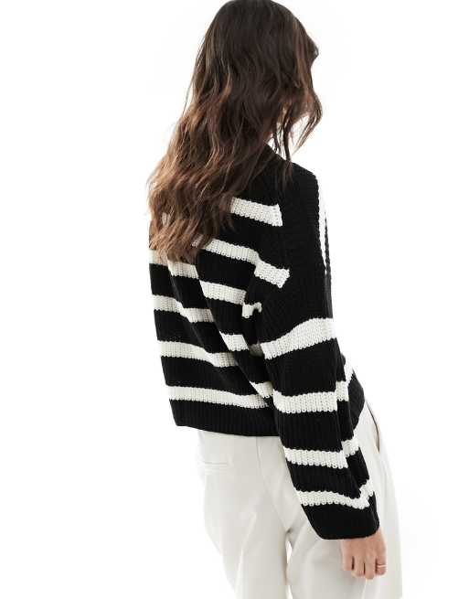 JDY - Pull ras de cou en maille rayée - Beige/noir, 3 de 4