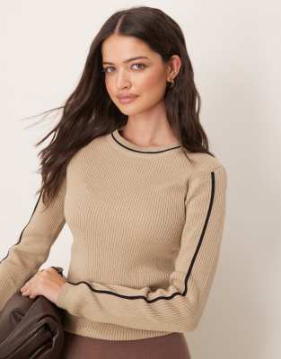 JDY - Pullover aus Rippstrick in Beige mit Kontrastdetails-Neutral