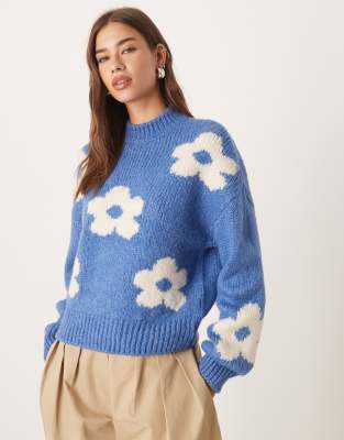 JDY - Pullover in Blau mit platzierten Blumenmotiven