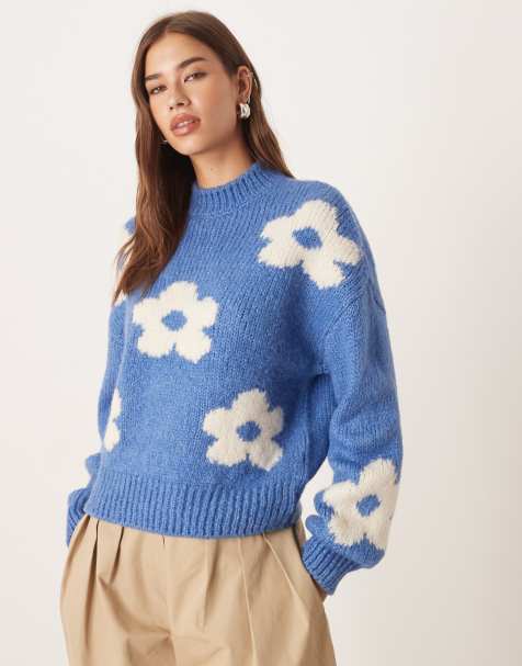 JDY – Pullover in Blau mit platzierten Blumenmotiven - view 1