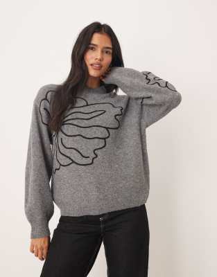 JDY - Pullover in Dunkelgrau mit Blumen-Stickereidetail