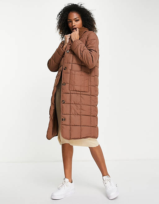 Coats & Jackets JDY quilted longline coat with borg collar in brown 