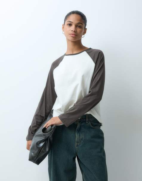 JDY raglan long sleeve top in brown & cream - view 1