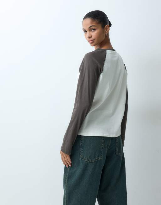 JDY raglan long sleeve top in brown & cream, 4 of 9