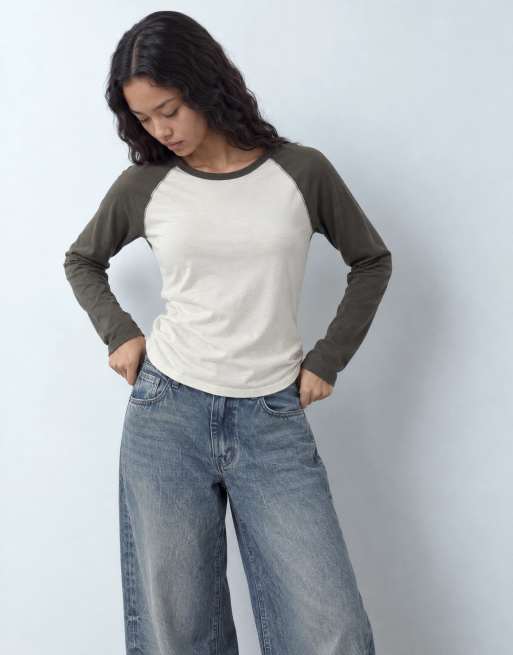 JDY raglan long sleeve top in brown & cream, 5 of 9