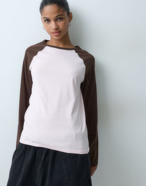 JDY raglan long sleeve top in brown & pink - view 1
