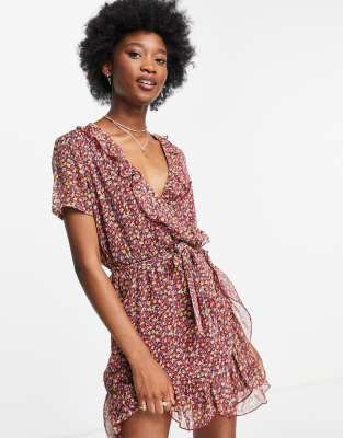 JDY recycled sheer floral wrap dress with ruffle-Multi