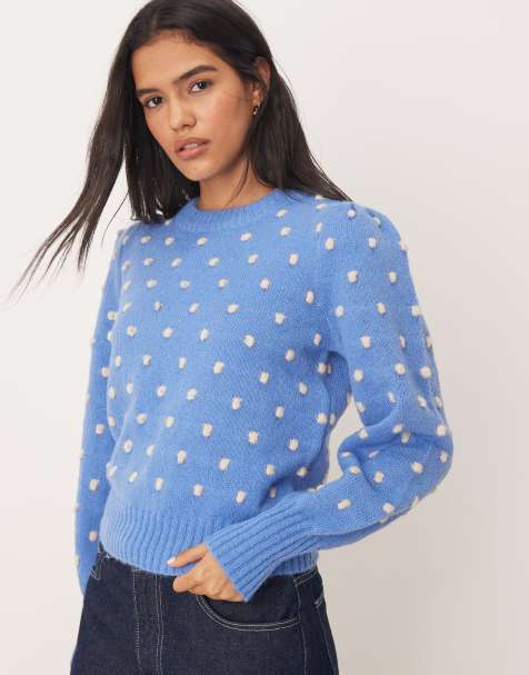 JDY relaxed fit knit sweater in blue textured polka dot - view 1