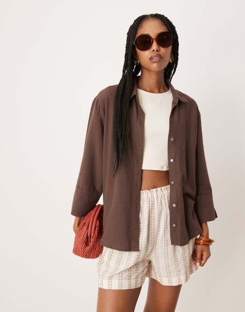 JDY relaxed fit linen shirt in chocolate brown - view 1