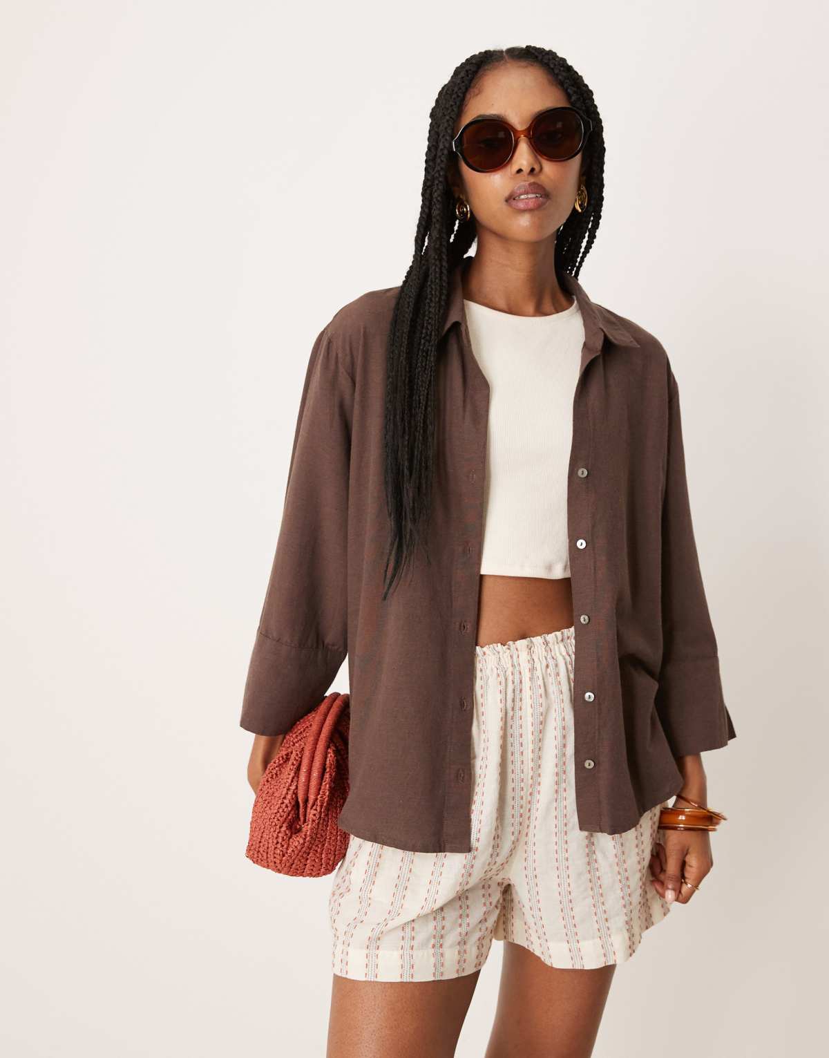 JDY relaxed fit linen shirt in chocolate brown