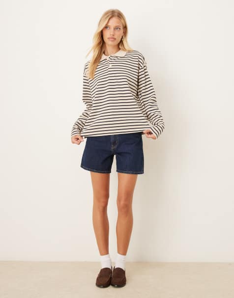 JDY relaxed fit polo top in white and navy stripe - view 1