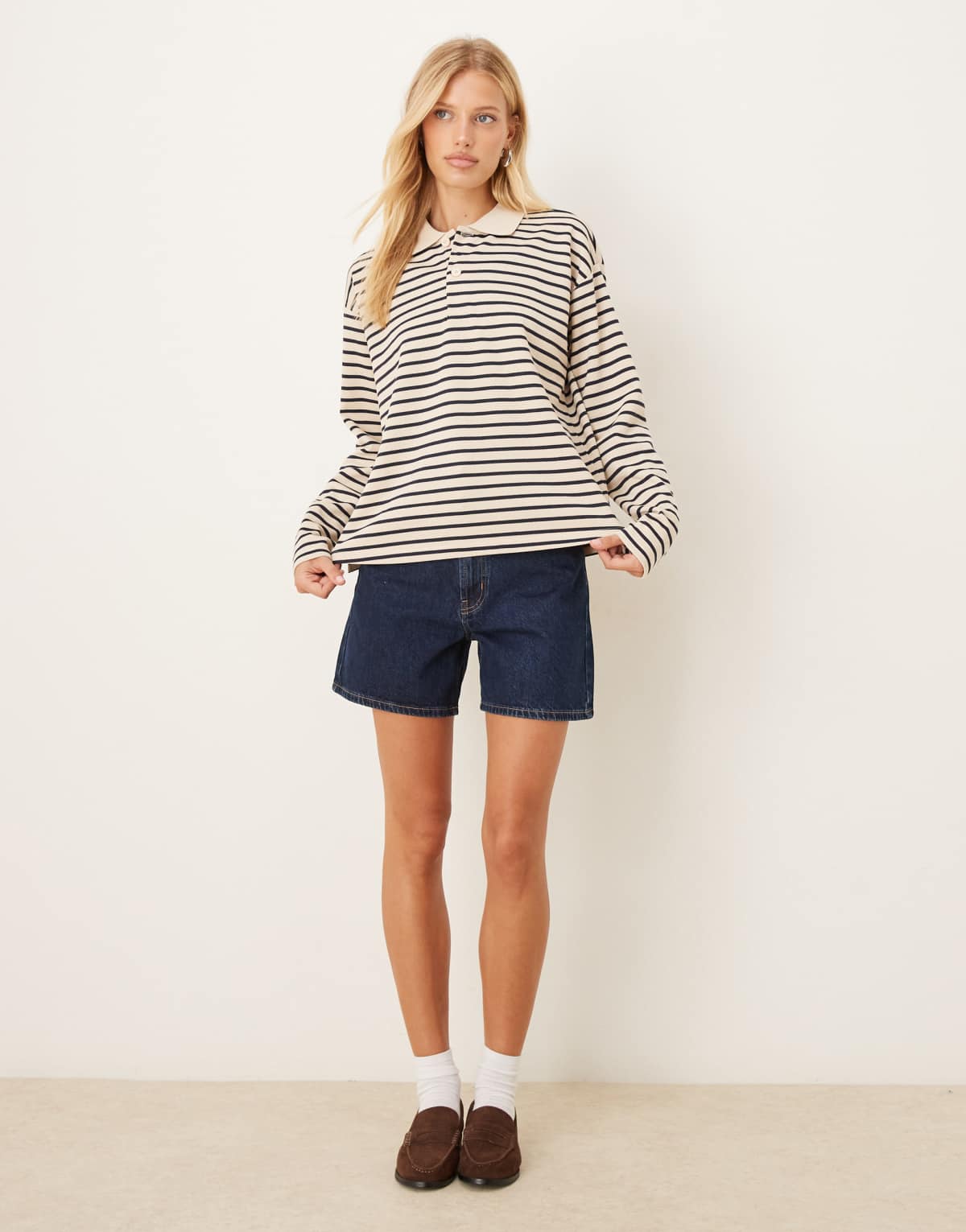 JDY relaxed fit polo top in white and navy stripe