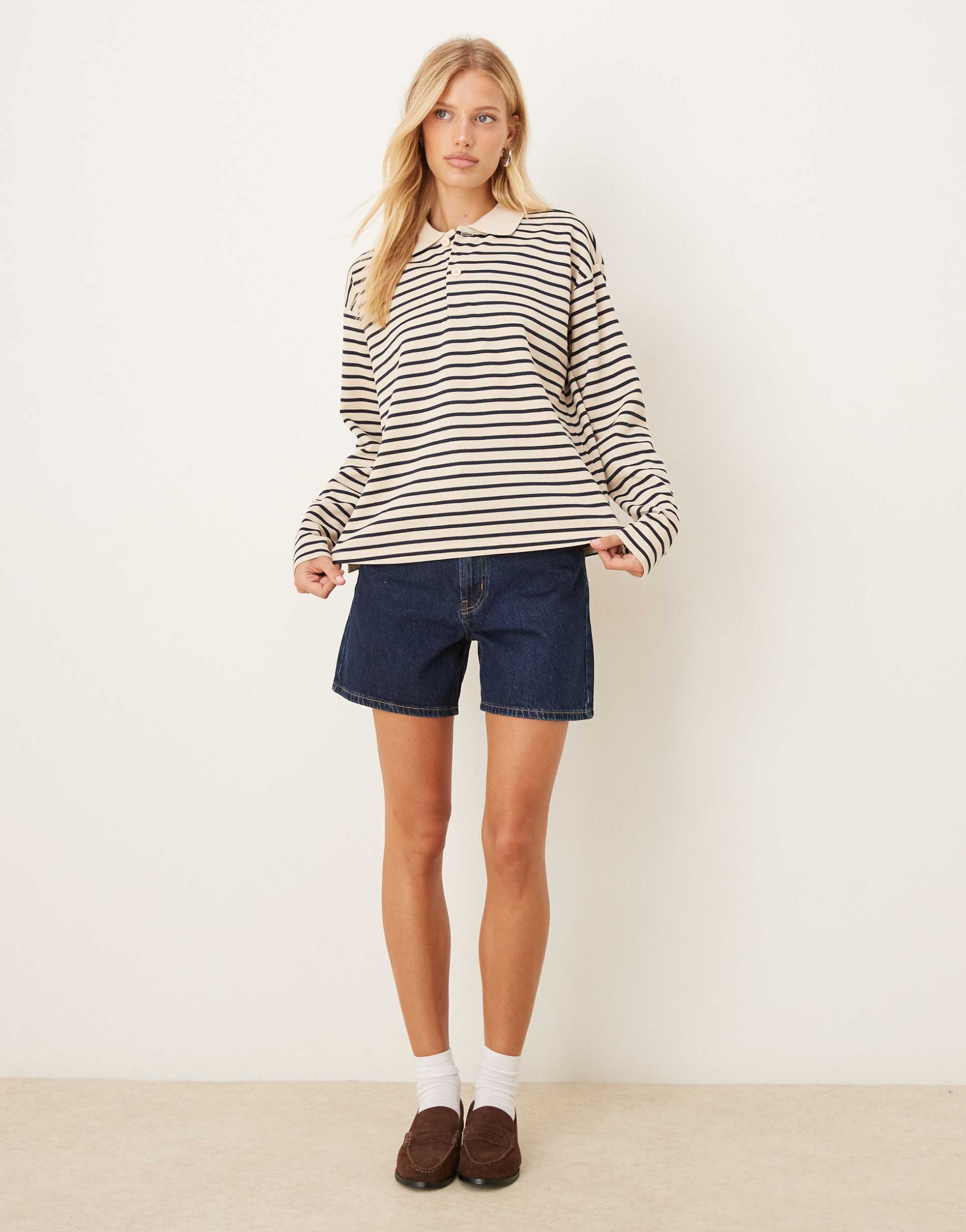 jdy relaxed fit polo top in white and navy stripes