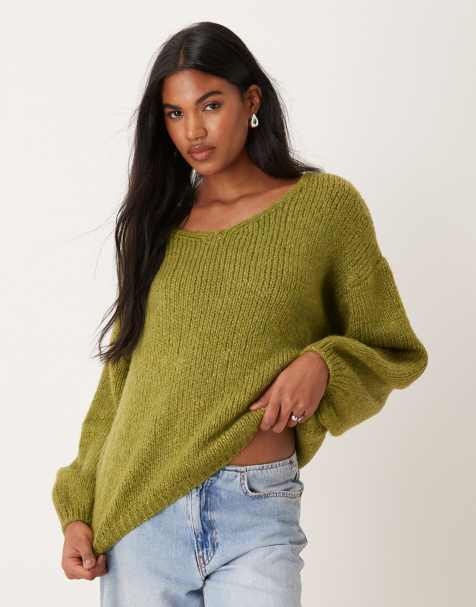 JDY reversible pullover knit sweater in green - view 1