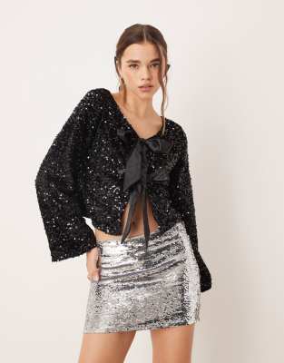 Jdy Reversible Sequin Top With Bow Detail In Black