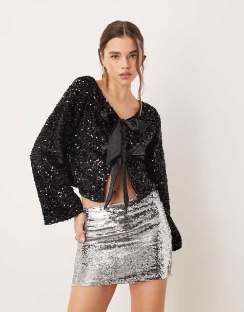 JDY reversible sequin top with bow detail in black - view 1
