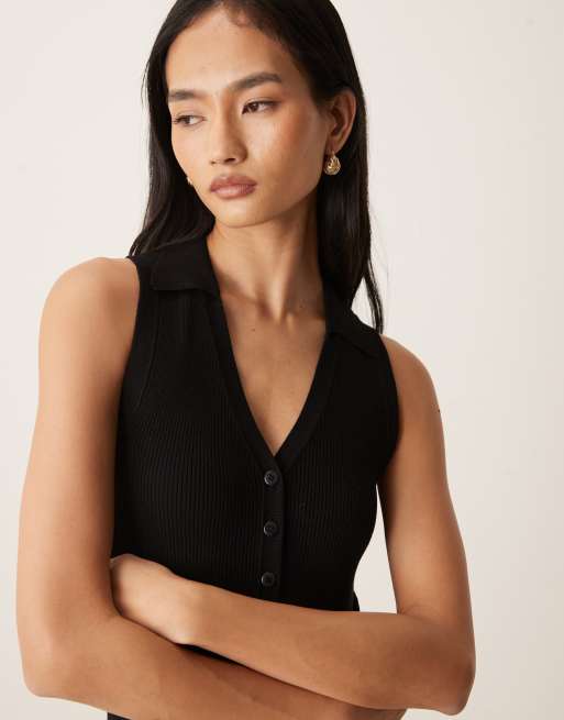 JDY rib knit sleeveless polo in black, 3 of 4