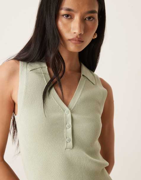 JDY rib knit sleeveless polo in sage