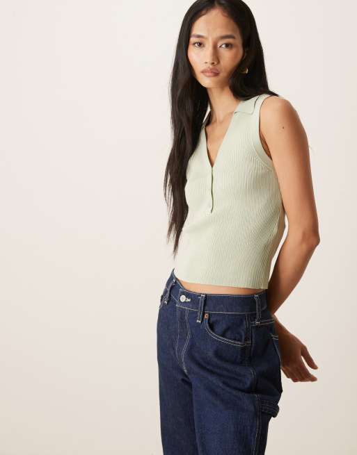 JDY rib knit sleeveless polo in sage, 3 of 4