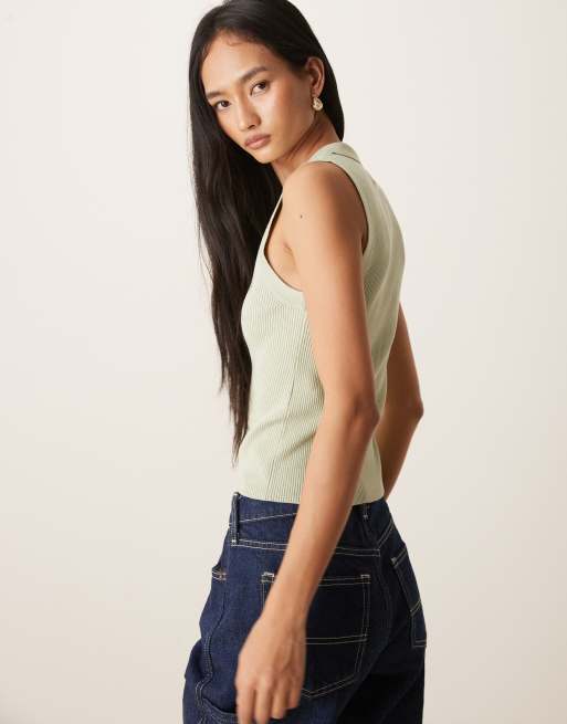JDY rib knit sleeveless polo in sage, 4 of 4