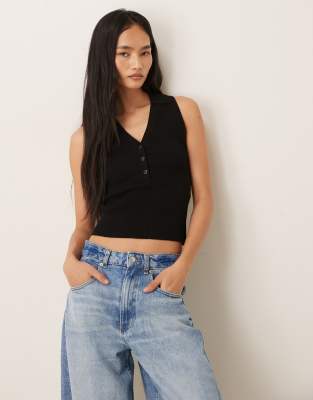 Jdy Rib Knit Sleeveless Polo Shirt In Black