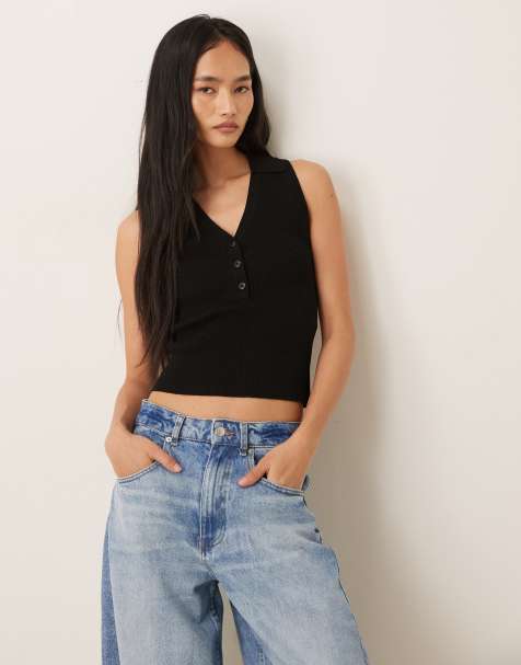 JDY rib knit sleeveless polo shirt in black - view 1