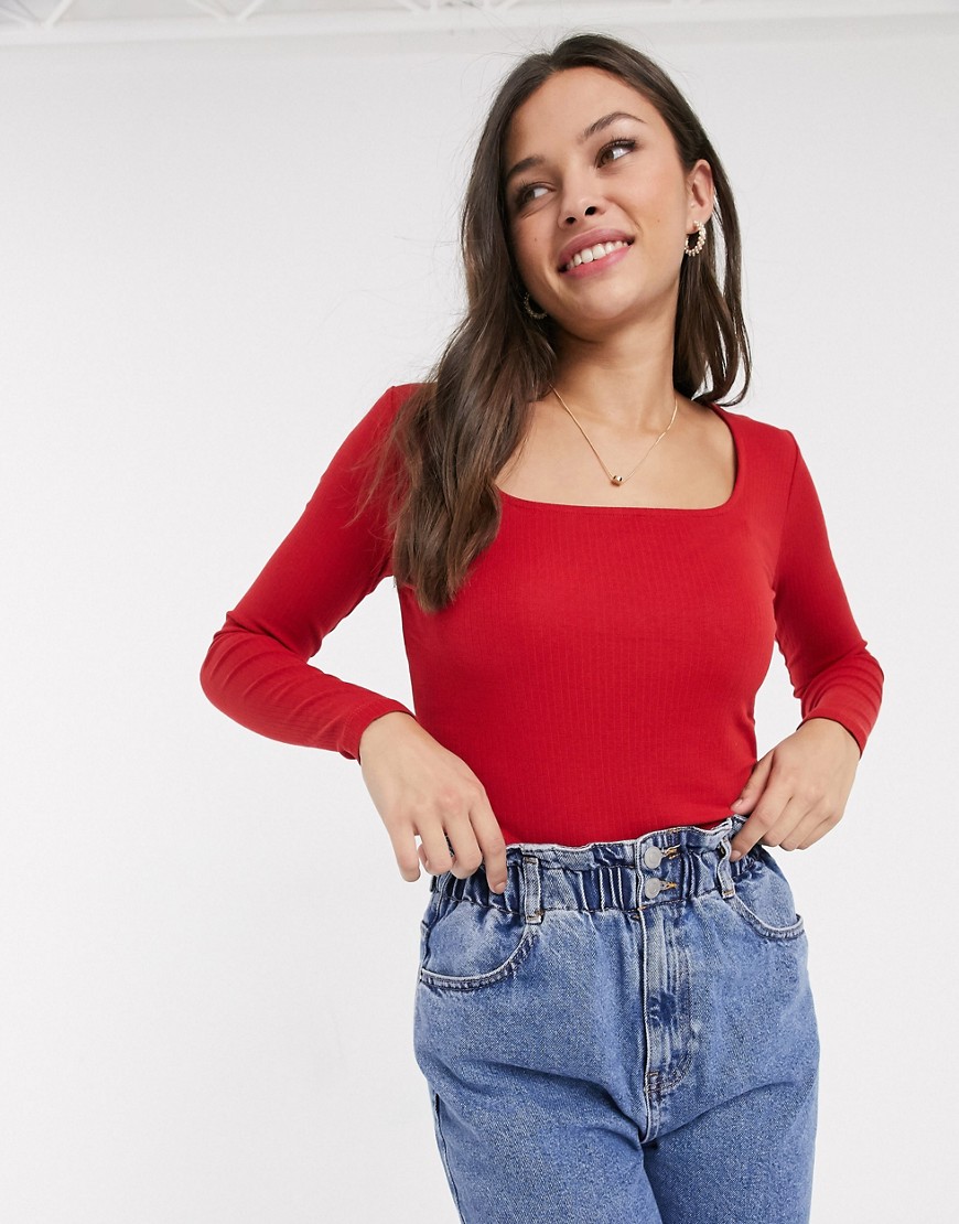 JDY rib top with square neck in red