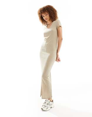 JDY ribbed cap sleeve maxi dress in beige