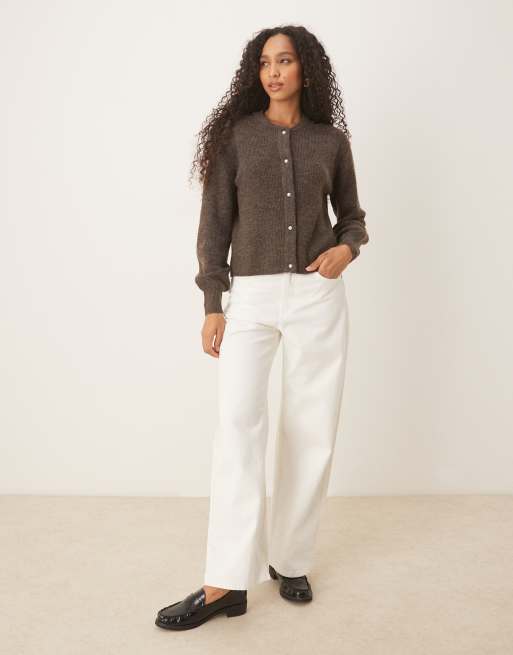 JDY ribbed cardigan with pearl buttons in dark brown, 2 of 4