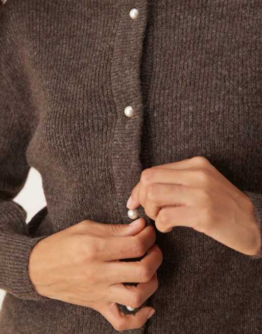 JDY ribbed cardigan with pearl buttons in dark brown, 4 of 4