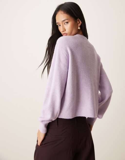 JDY ribbed cardigan with pearl buttons in pastel lilac, 4 of 4