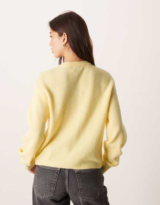 JDY ribbed cardigan with pearl buttons in pastel yellow, 2 of 4
