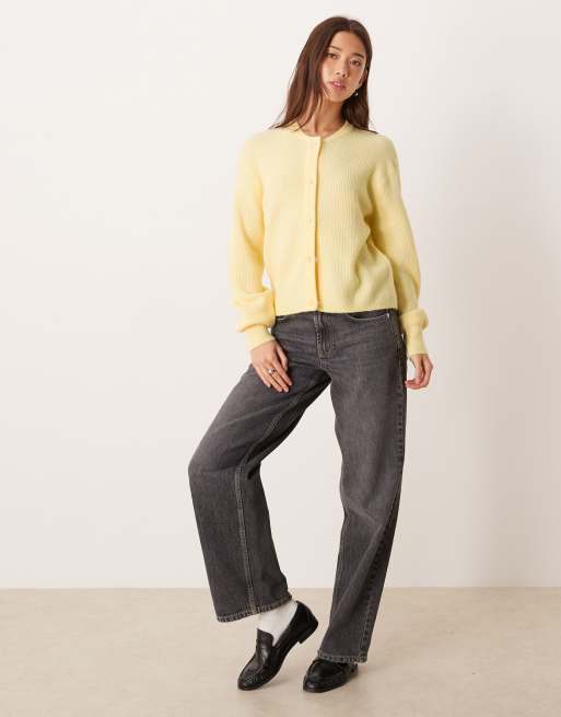 JDY ribbed cardigan with pearl buttons in pastel yellow, 3 of 4