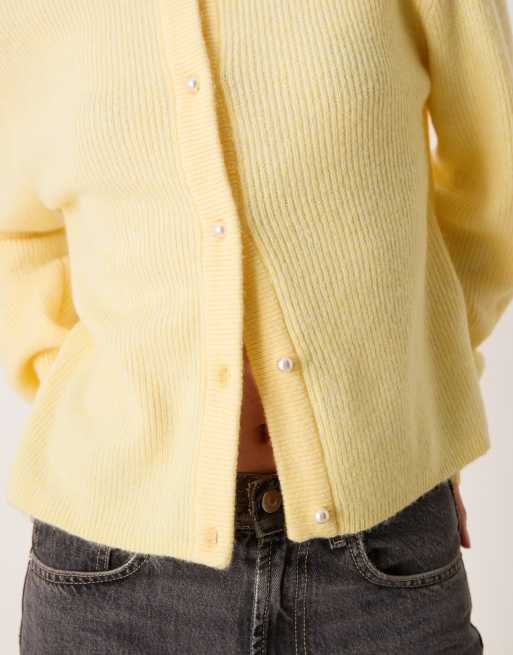 JDY ribbed cardigan with pearl buttons in pastel yellow, 4 of 4