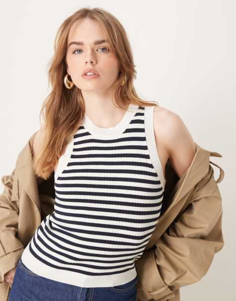 JDY ribbed knitted tank top in navy stripes - view 1