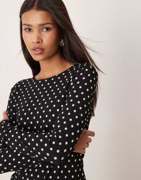 JDY ribbed long sleeve top in black polka dots