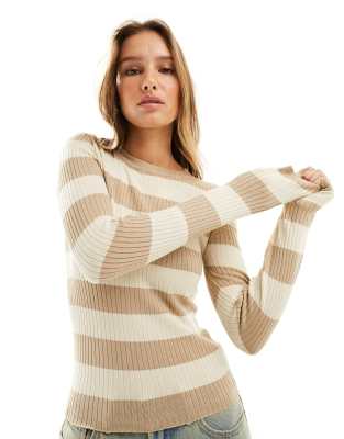 ribbed long sleeve top in tonal beige stripe-Neutral