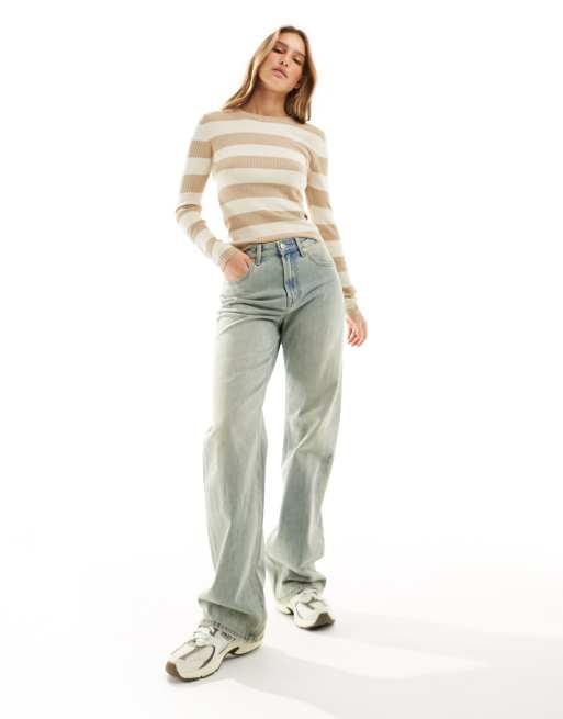 JDY ribbed long sleeve top in tonal beige stripe, 4 of 4