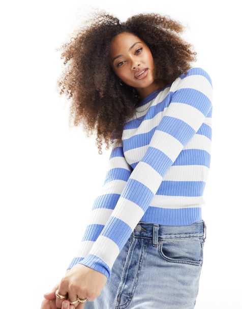 JDY ribbed long sleeve top in white & blue stripe - view 1