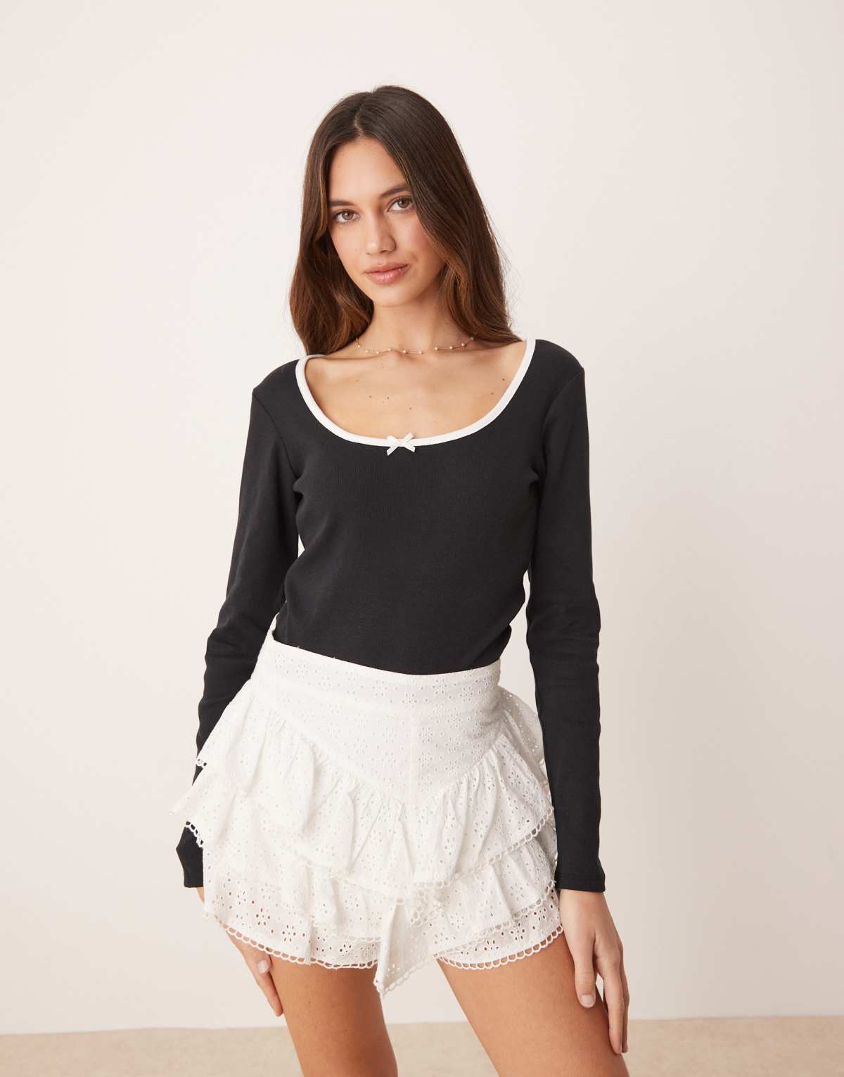 JDY ribbed long sleeve top with contract trim in black