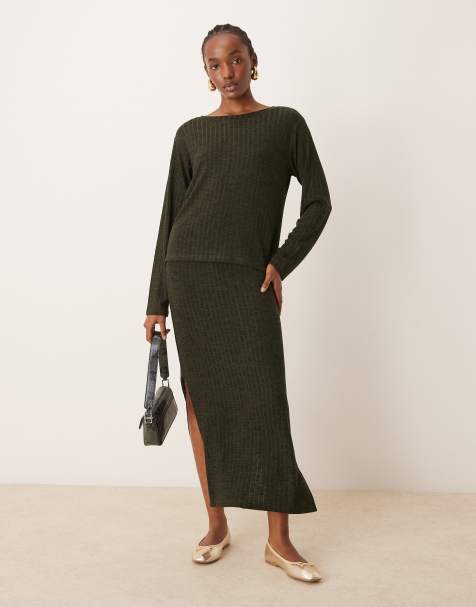 JDY ribbed midi skirt co-ord in khaki - view 1