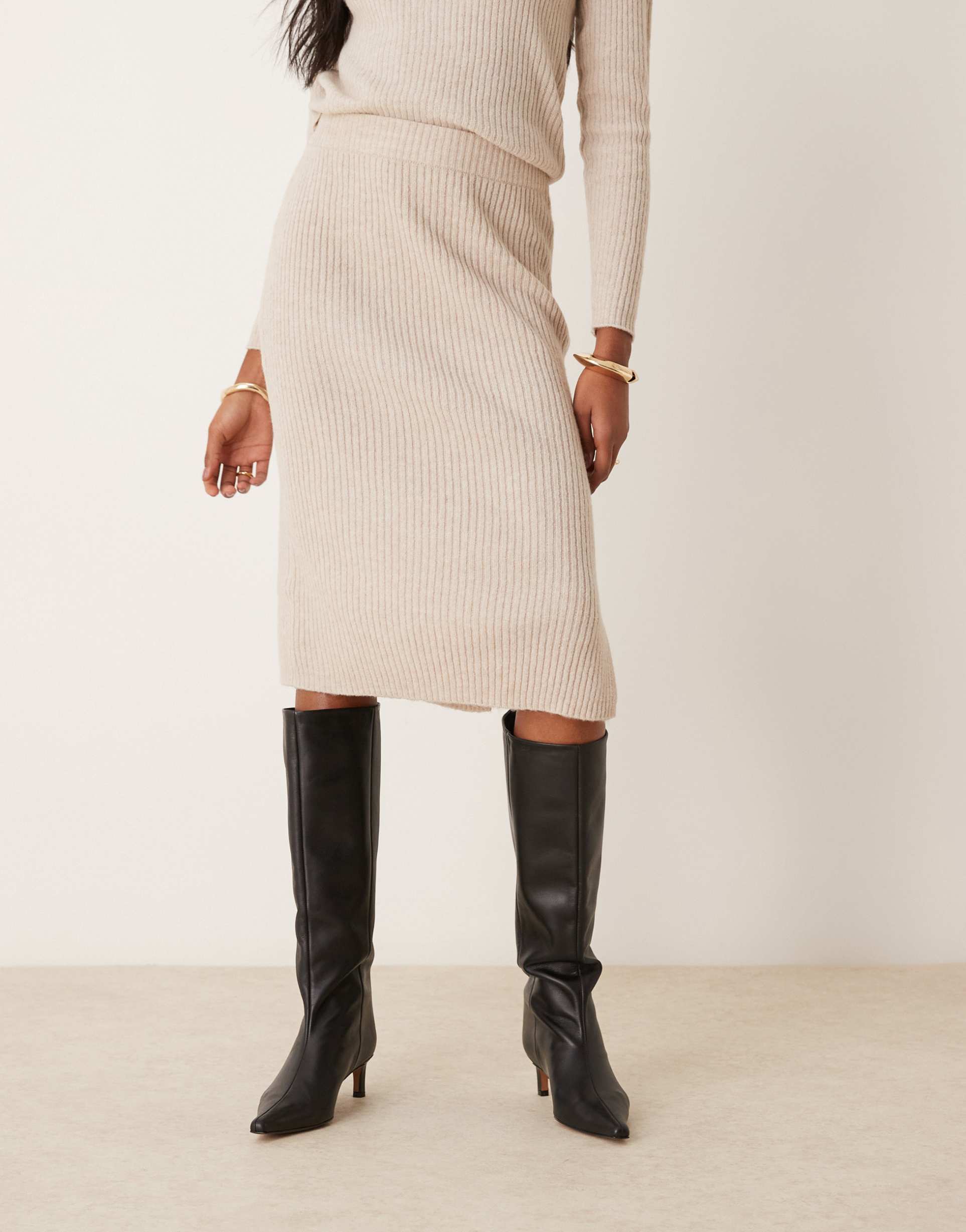 jdy ribbed midi skirt in beige - part of a set