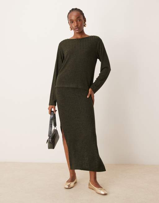 JDY ribbed midi skirt in khaki part of a set