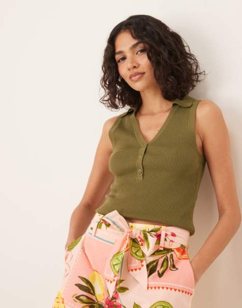 JDY ribbed sleeveless polo in khaki - view 1