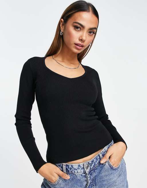 JDY ribbed sweetheart neckline sweater in black | ASOS