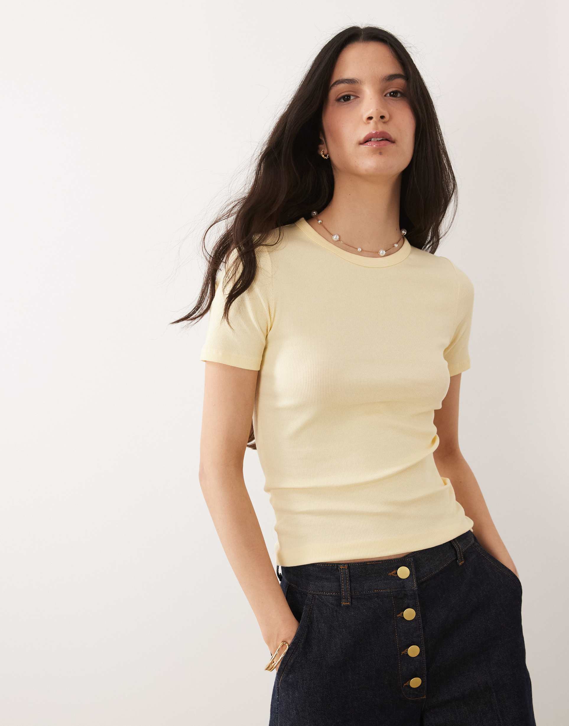jdy ribbed t-shirt in pastel yellow