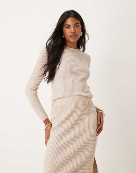 JDY ribbed top co-ord in beige - view 1